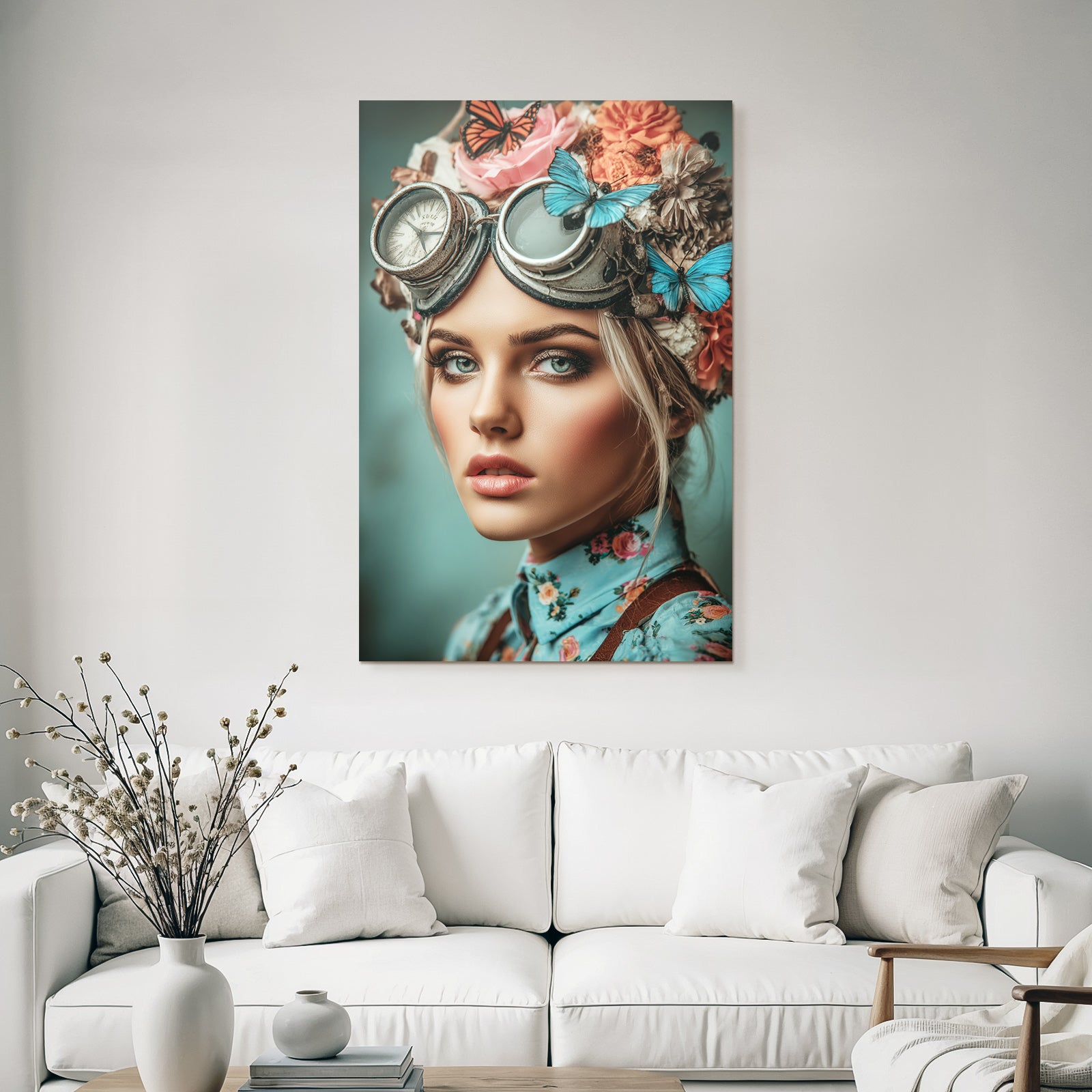 Steampunk Portrait Mit Blumen Und Butterflies Vintage Goggles