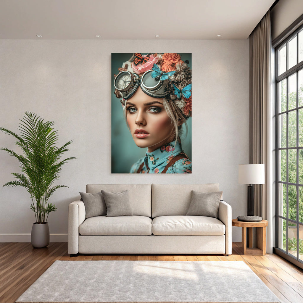 Steampunk Portrait Mit Blumen Und Butterflies Vintage Goggles
