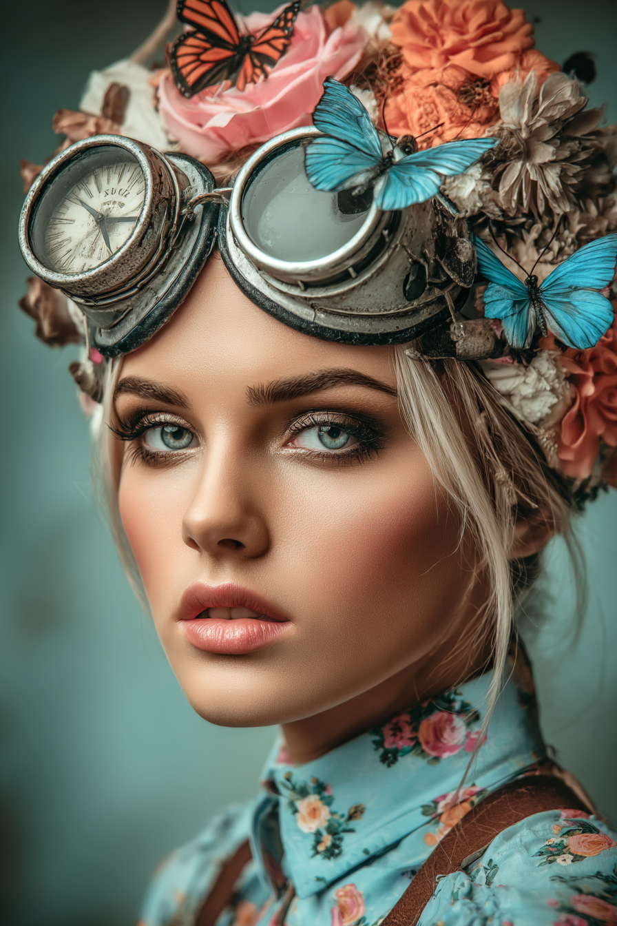 Steampunk Portrait Mit Blumen Und Butterflies Vintage Goggles | Digital Art | Kunstgattungen