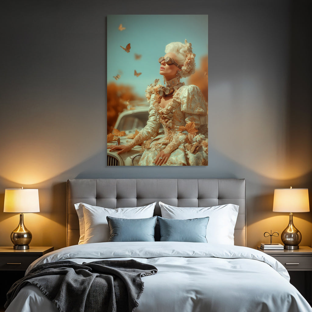 Stilisierte Portrait Der Frau Mit Butterflys Und Vintage Auto