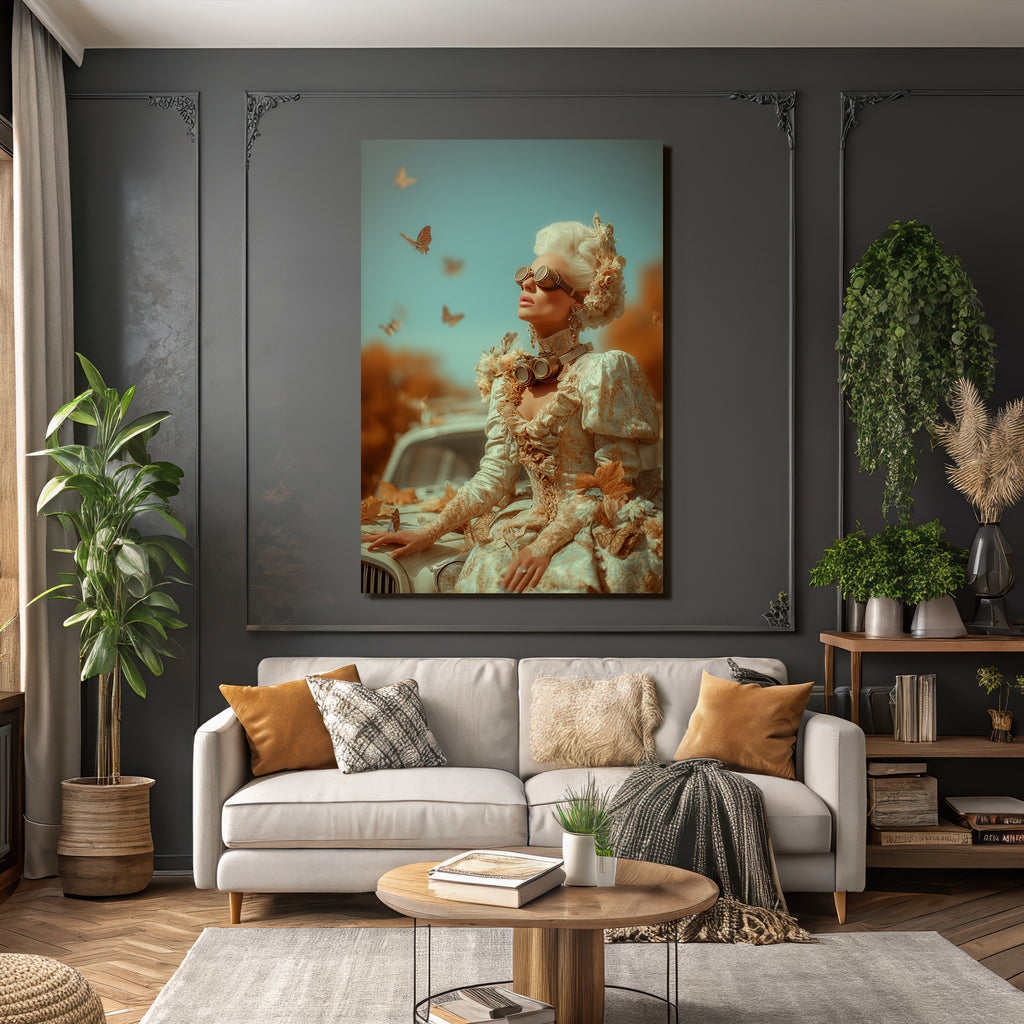 Stilisierte Portrait Der Frau Mit Butterflys Und Vintage Auto
