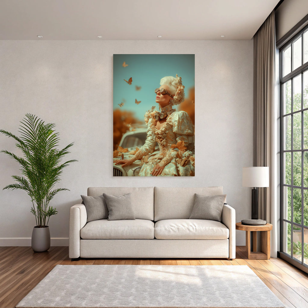 Stilisierte Portrait Der Frau Mit Butterflys Und Vintage Auto