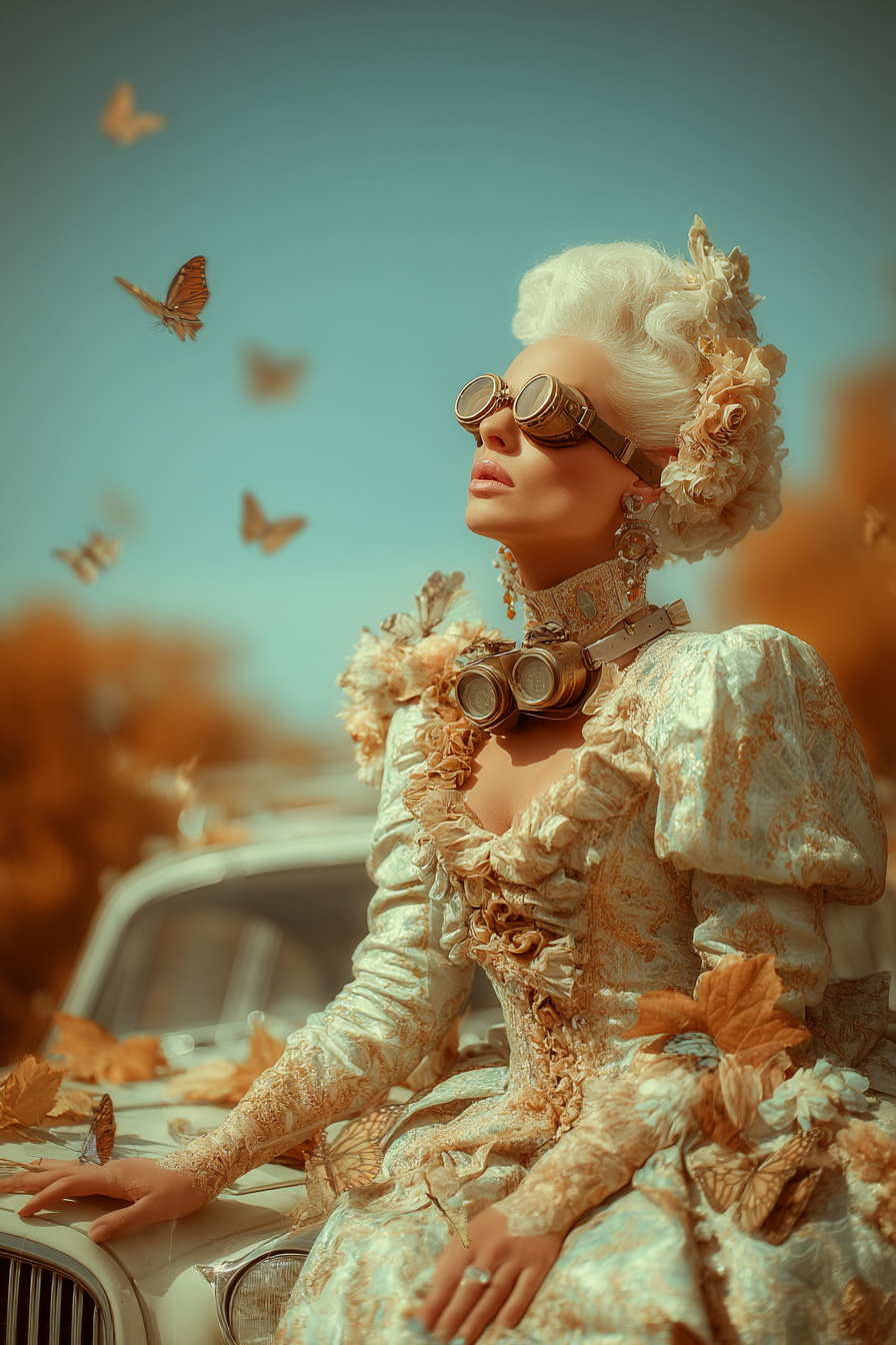 Stilisierte Portrait Der Frau Mit Butterflys Und Vintage Auto | Digital Art | Kunstgattungen
