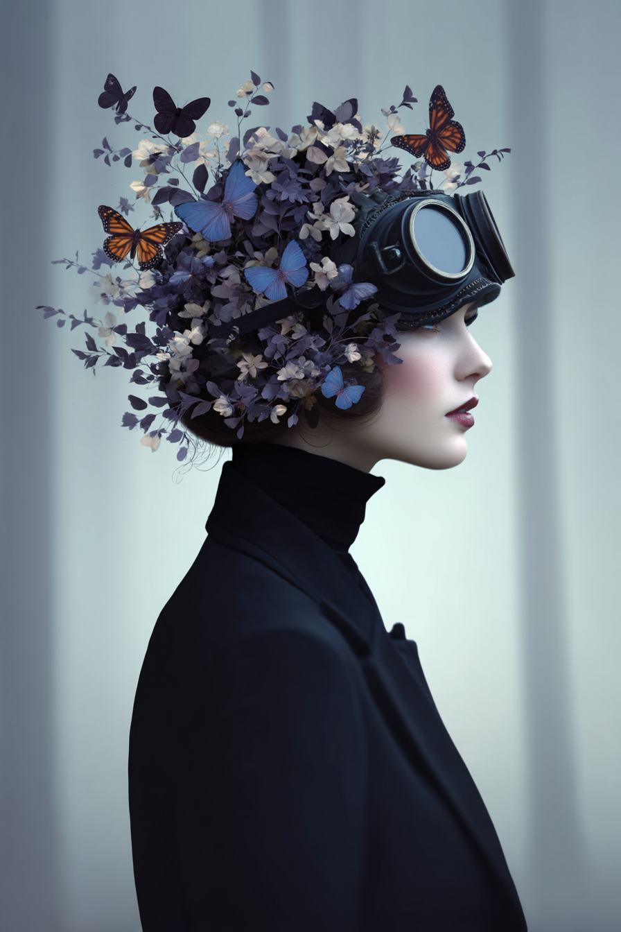 Stilisiertes Portrait Blumen Butterflies Goggles Kunstvoll Vintage | Digital Art | Kunstgattungen