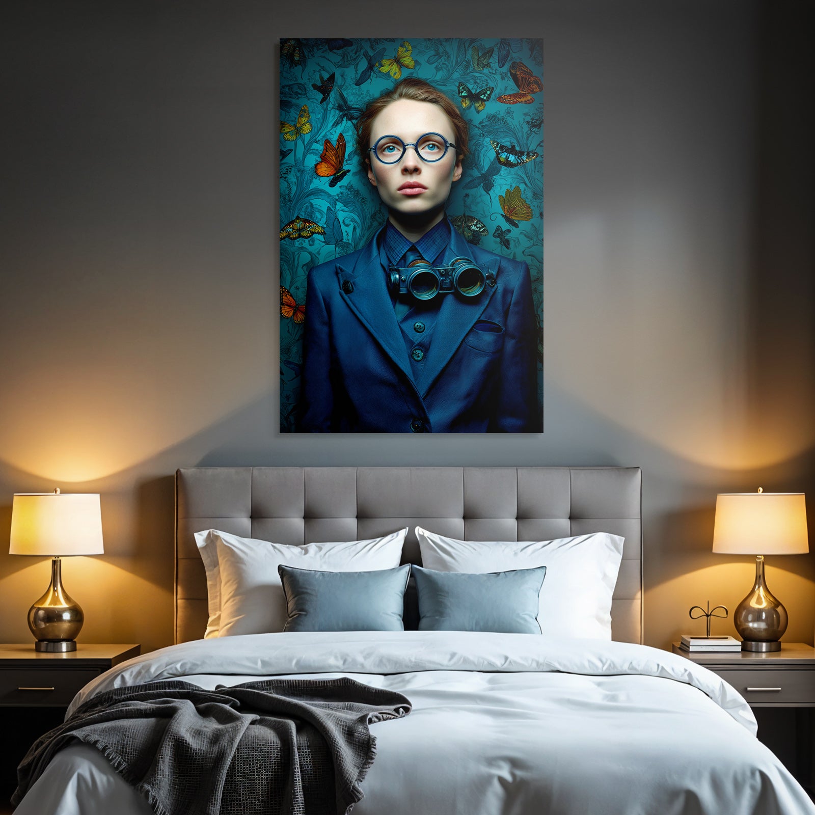 Stilisiertes Portrait Der Person Mit Blauem Anzug Und Butterflies