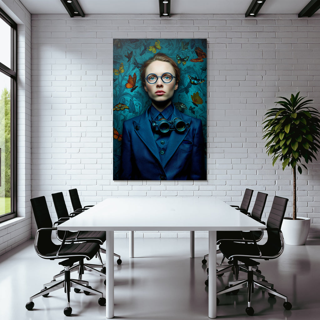 Stilisiertes Portrait Der Person Mit Blauem Anzug Und Butterflies