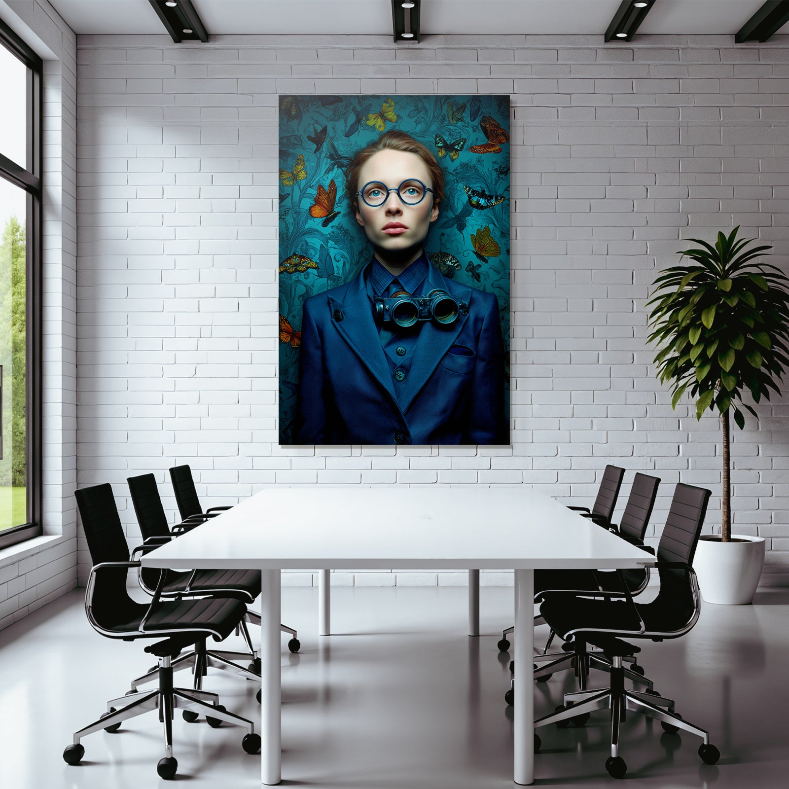 Stilisiertes Portrait Der Person Mit Blauem Anzug Und Butterflies