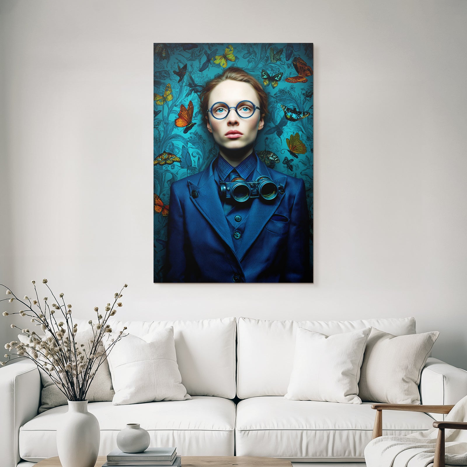 Stilisiertes Portrait Der Person Mit Blauem Anzug Und Butterflies