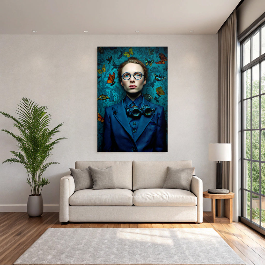 Stilisiertes Portrait Der Person Mit Blauem Anzug Und Butterflies