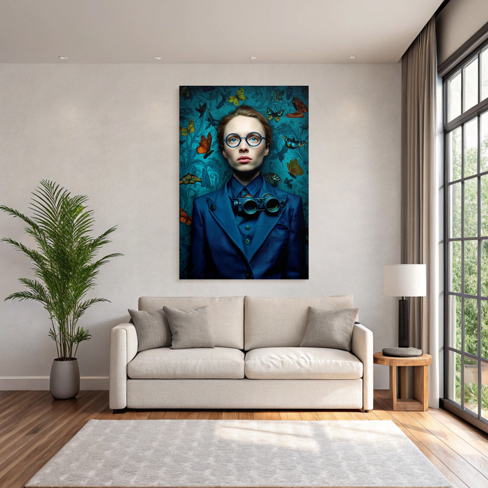 Stilisiertes Portrait Der Person Mit Blauem Anzug Und Butterflies