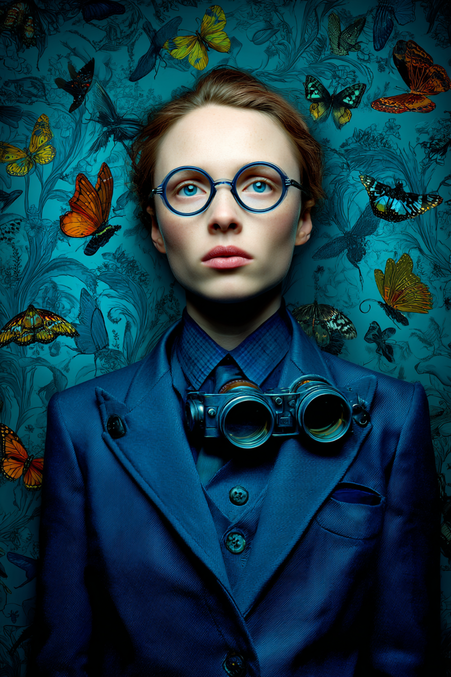 Stilisiertes Portrait Der Person Mit Blauem Anzug Und Butterflies | Digital Art | Kunstgattungen