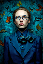 Stilisiertes Portrait Der Person Mit Blauem Anzug Und Butterflies | Digital Art | Kunstgattungen