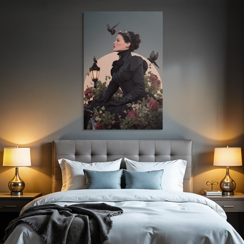 Stylische Vintage Frau Mit Blumen Und Voegeln Im Hintergrund Mit Mondlicht