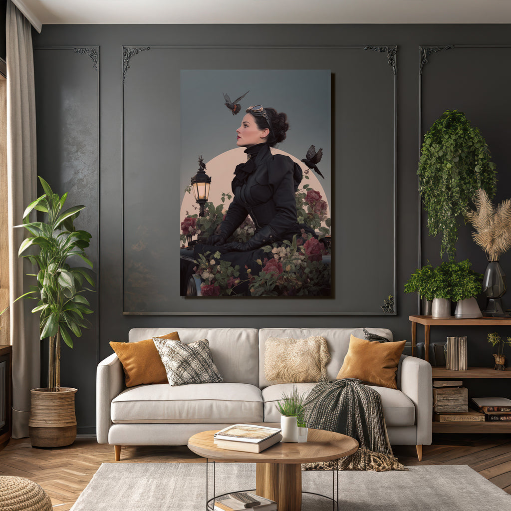 Stylische Vintage Frau Mit Blumen Und Voegeln Im Hintergrund Mit Mondlicht