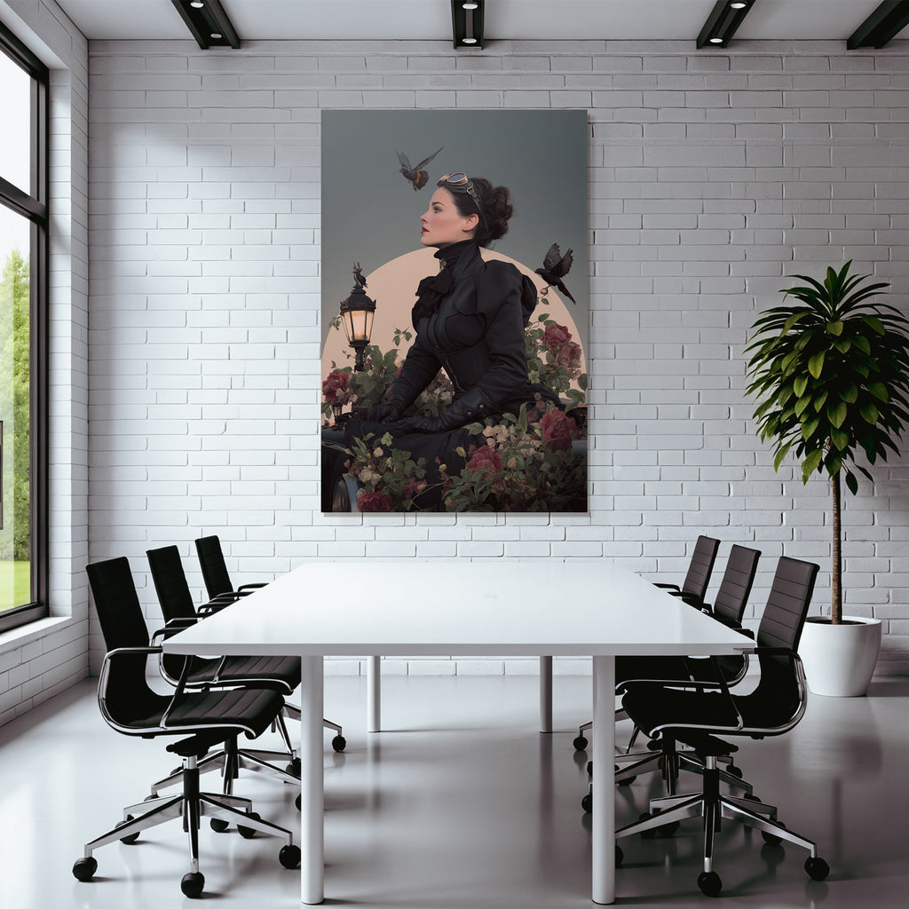 Stylische Vintage Frau Mit Blumen Und Voegeln Im Hintergrund Mit Mondlicht