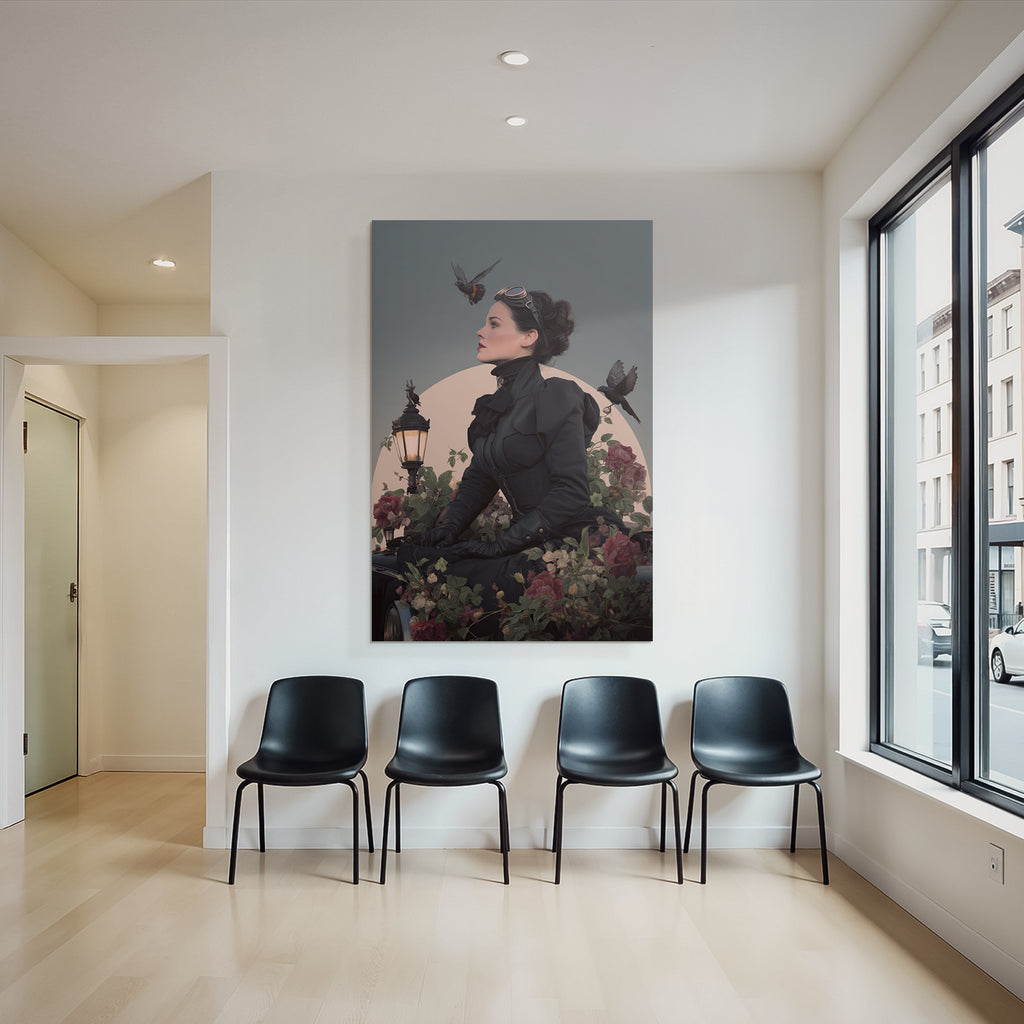 Stylische Vintage Frau Mit Blumen Und Voegeln Im Hintergrund Mit Mondlicht