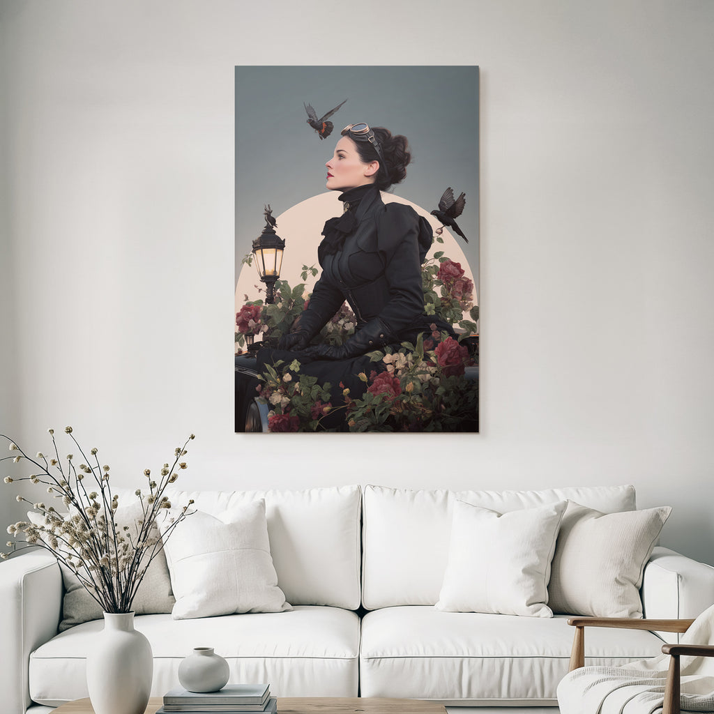 Stylische Vintage Frau Mit Blumen Und Voegeln Im Hintergrund Mit Mondlicht