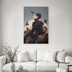 Stylische Vintage Frau Mit Blumen Und Voegeln Im Hintergrund Mit Mondlicht
