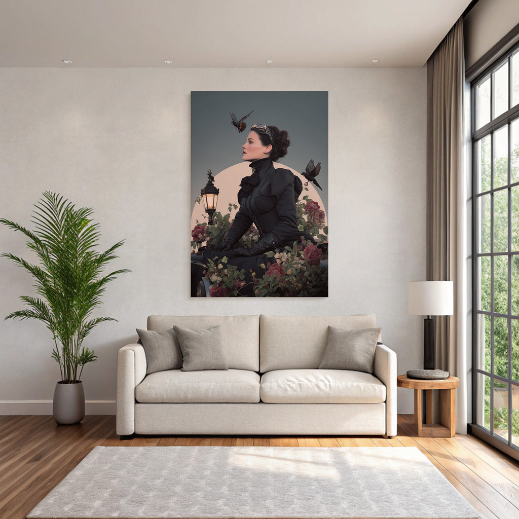 Stylische Vintage Frau Mit Blumen Und Voegeln Im Hintergrund Mit Mondlicht