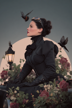 Stylische Vintage Frau Mit Blumen Und Voegeln Im Hintergrund Mit Mondlicht | Digital Art | Kunstgattungen