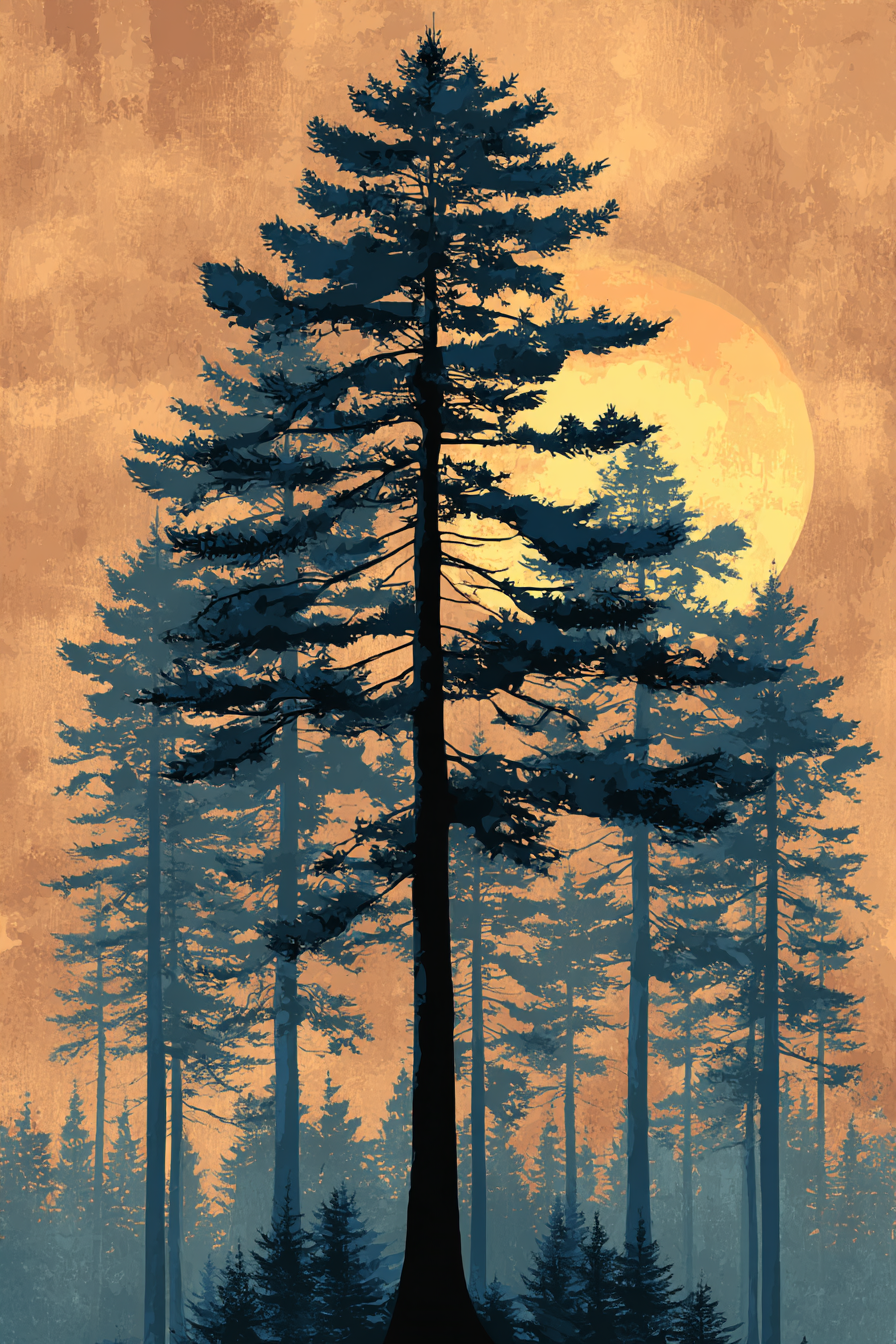 Stylisierte Abbildung Eines Waldes Bei Sonnenuntergang | Digital Art | Kunstgattungen
