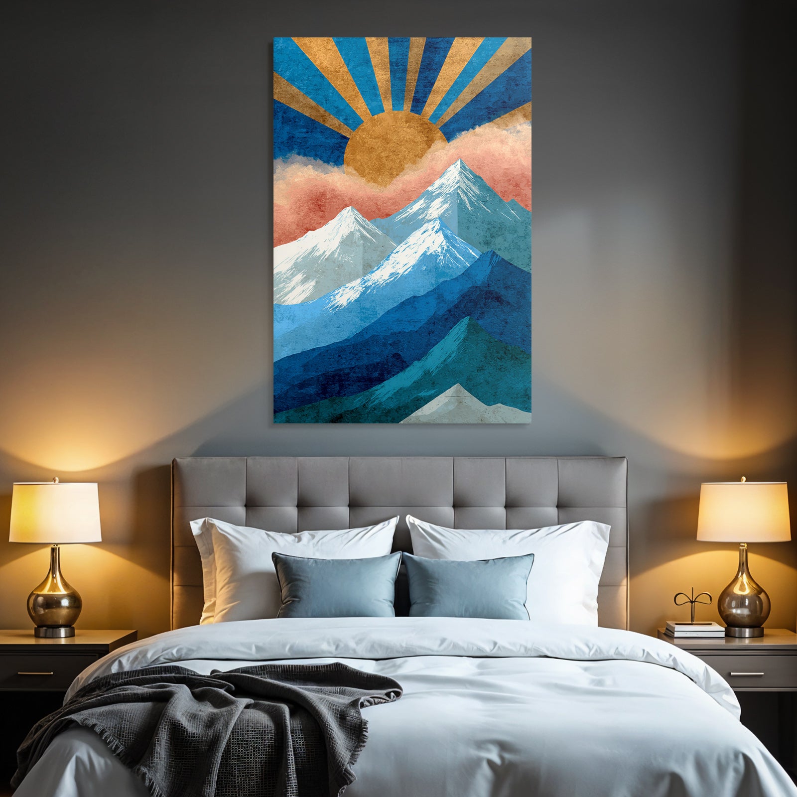 Stylisierte Berge Mit Sonne Und Wolken Graphikkunst