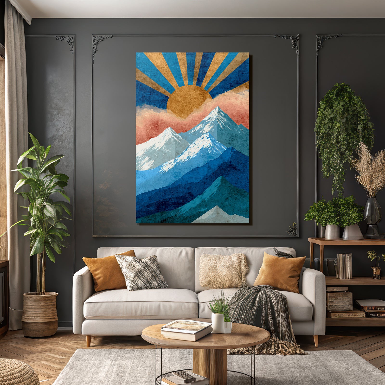 Stylisierte Berge Mit Sonne Und Wolken Graphikkunst