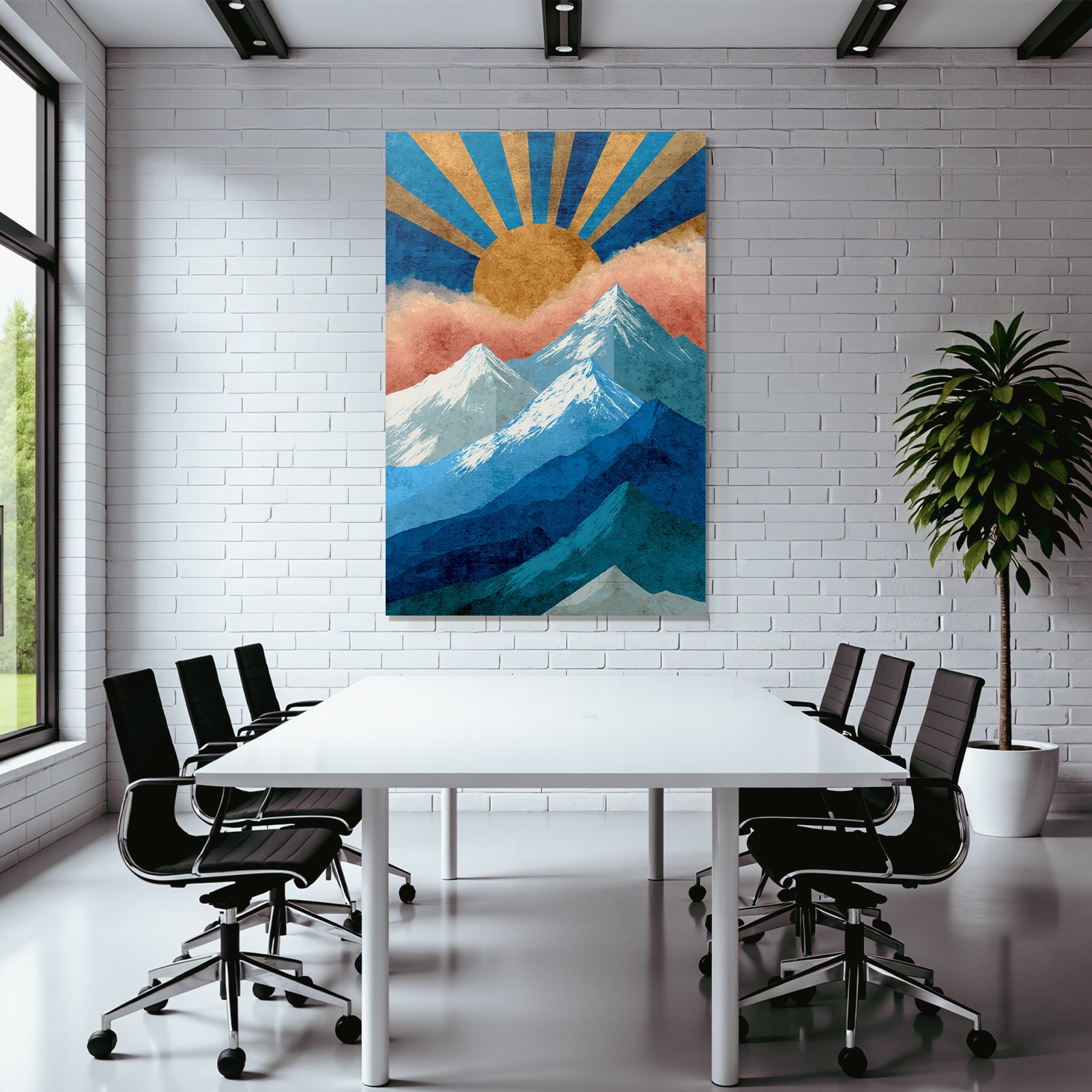 Stylisierte Berge Mit Sonne Und Wolken Graphikkunst