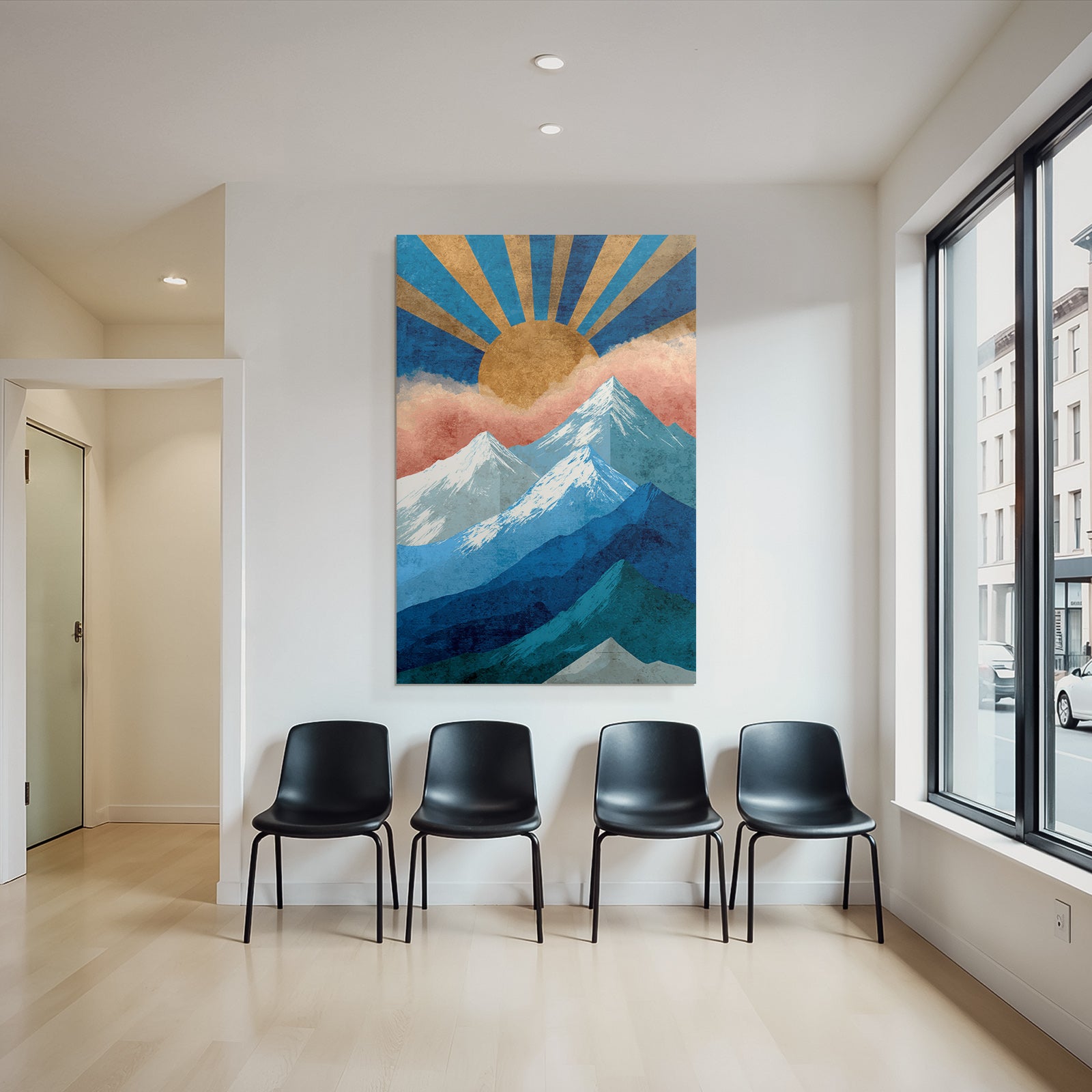 Stylisierte Berge Mit Sonne Und Wolken Graphikkunst