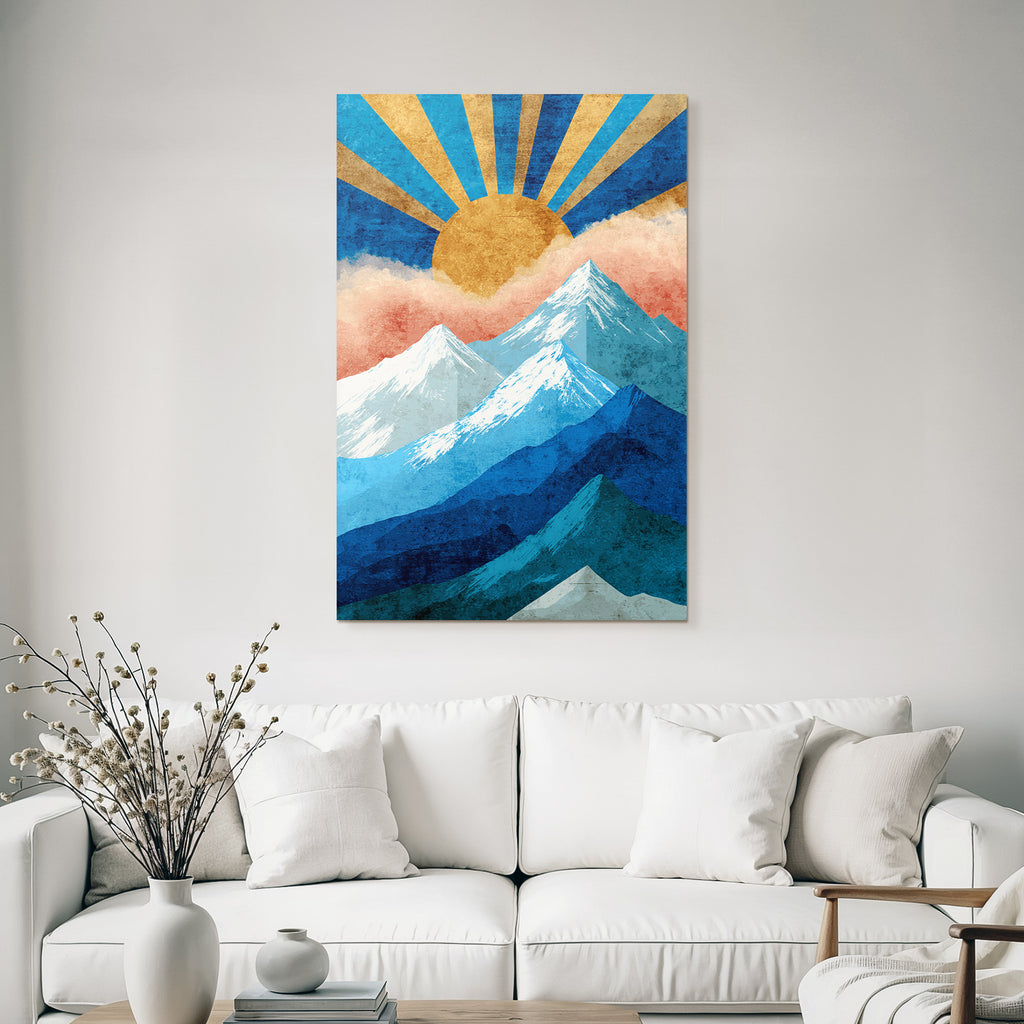 Stylisierte Berge Mit Sonne Und Wolken Graphikkunst