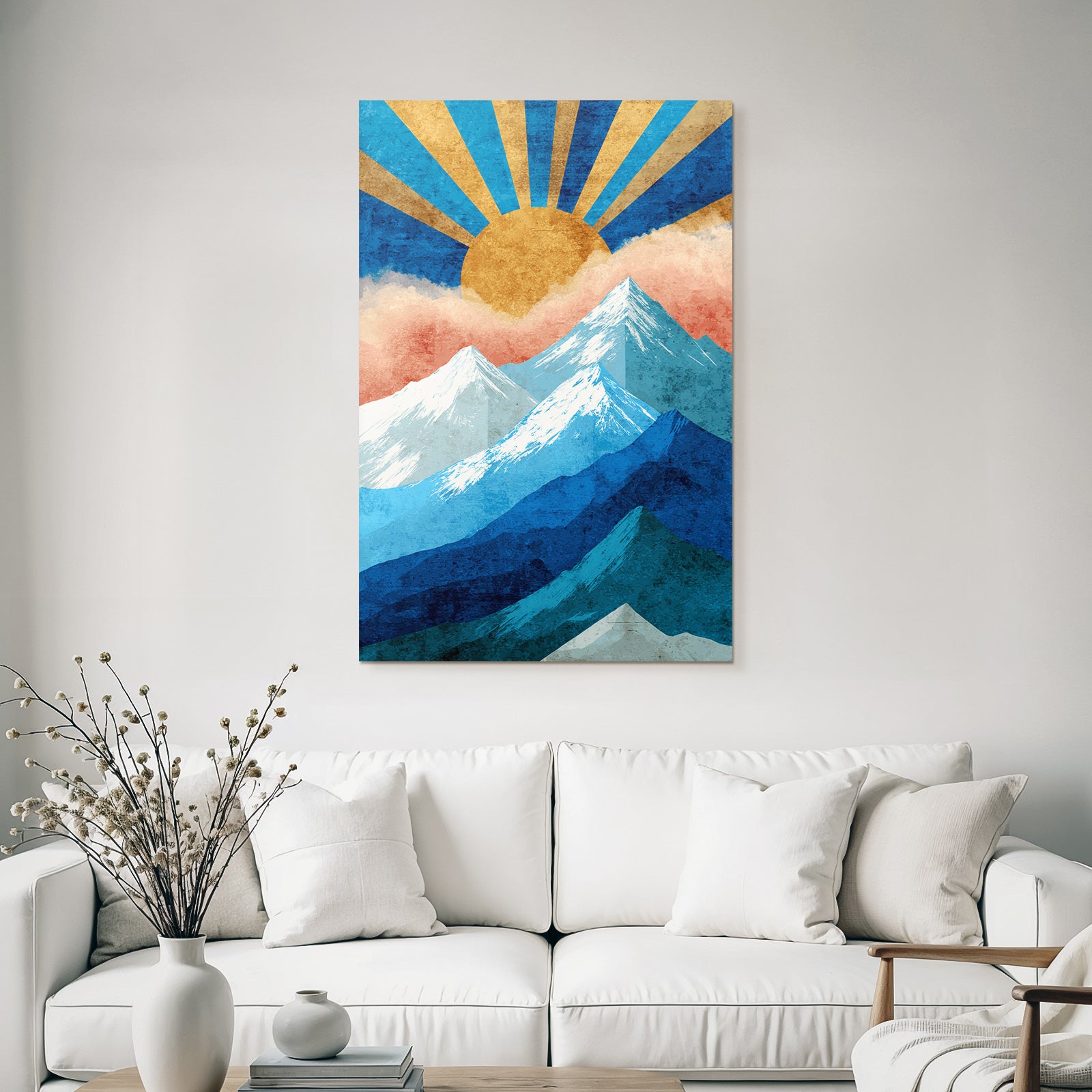 Stylisierte Berge Mit Sonne Und Wolken Graphikkunst