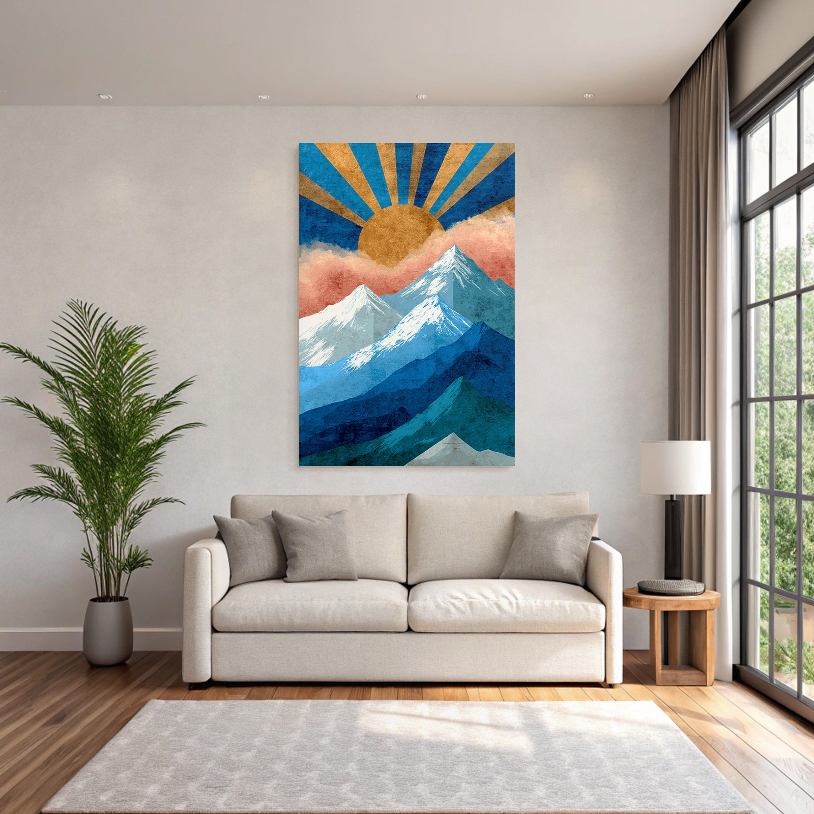 Stylisierte Berge Mit Sonne Und Wolken Graphikkunst