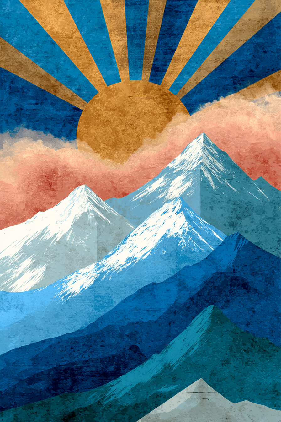 Stylisierte Berge Mit Sonne Und Wolken Graphikkunst | Digital Art | Kunstgattungen