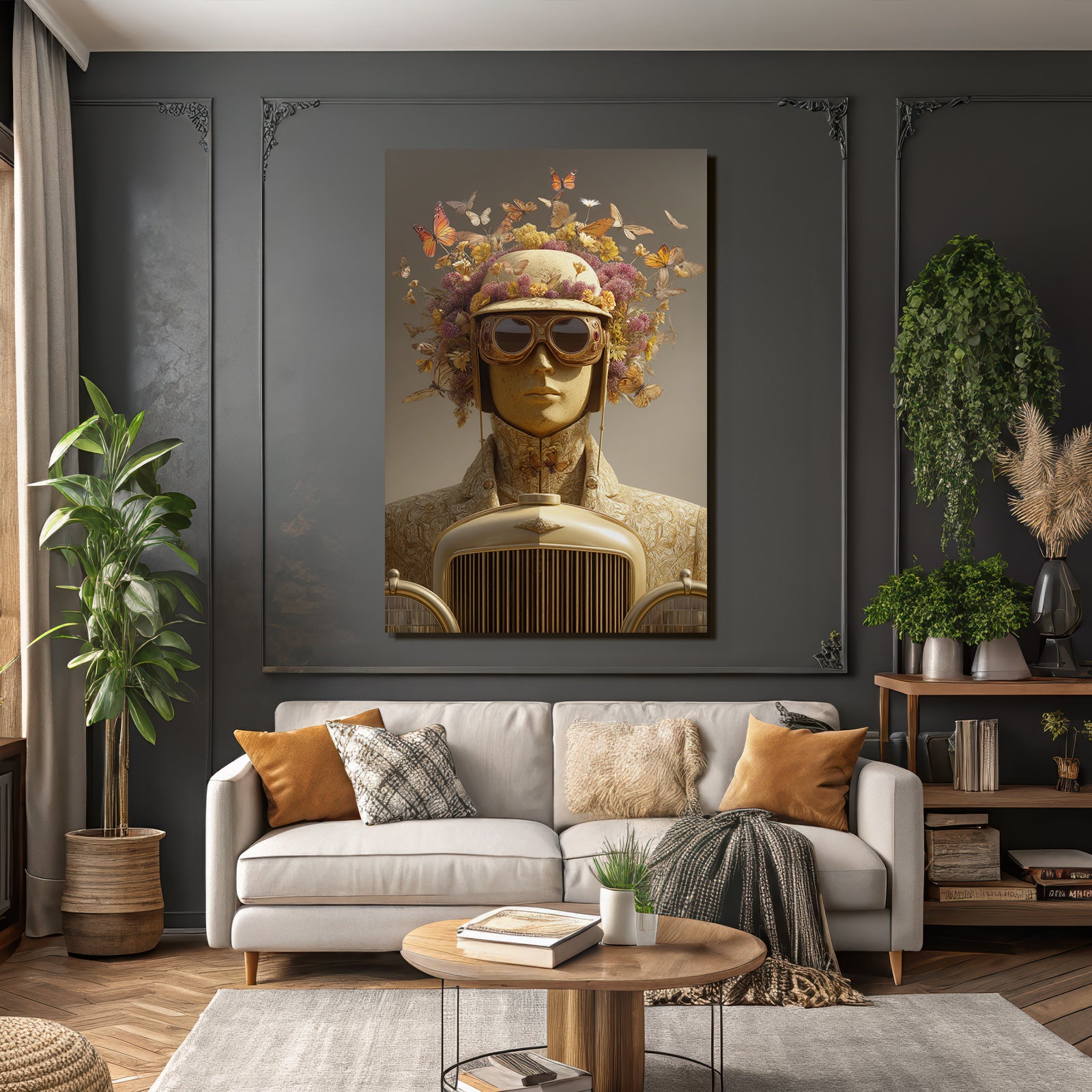 Stylisierte Figur Mit Blumen Und Schmetterlingen Vor Klassischem Auto