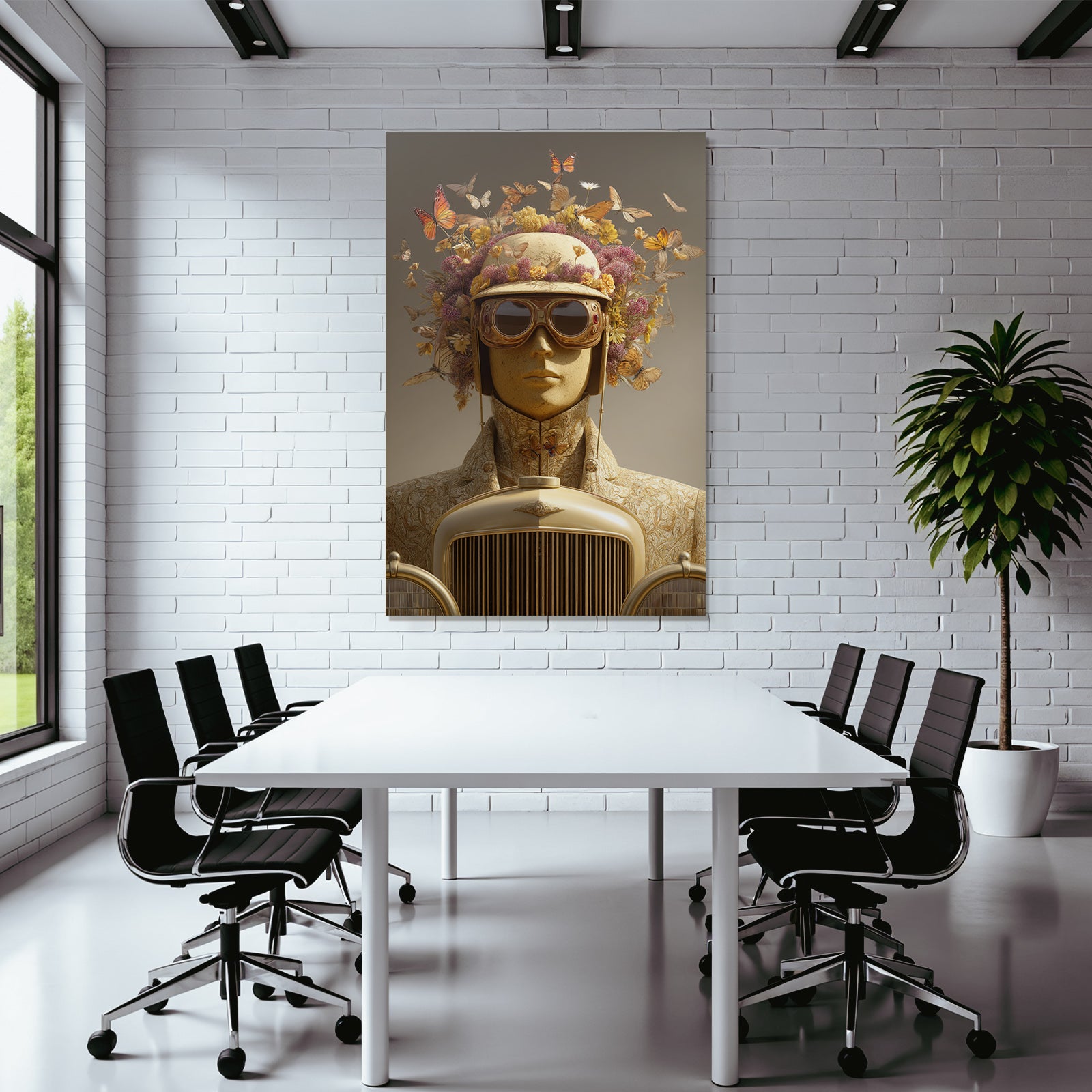 Stylisierte Figur Mit Blumen Und Schmetterlingen Vor Klassischem Auto
