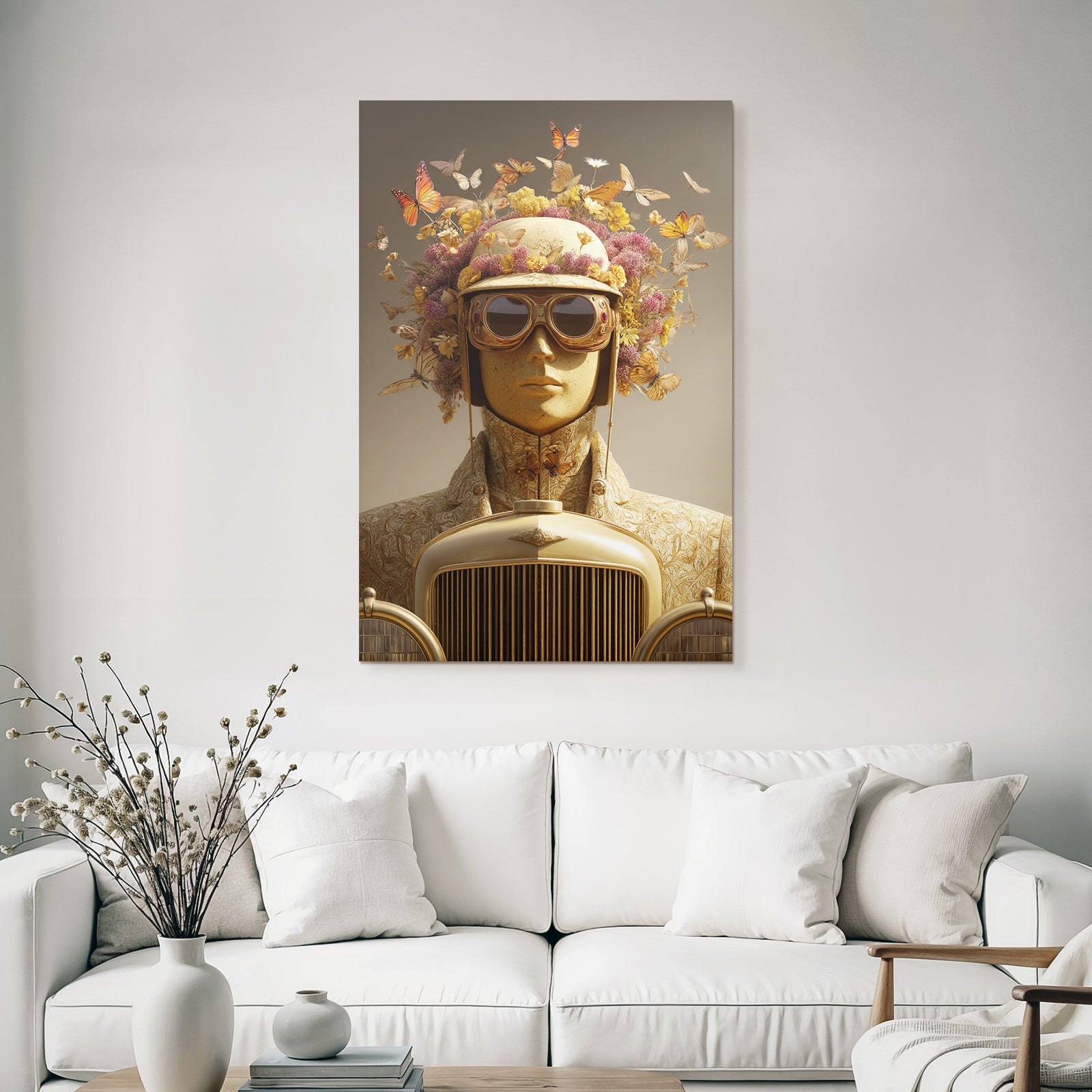 Stylisierte Figur Mit Blumen Und Schmetterlingen Vor Klassischem Auto
