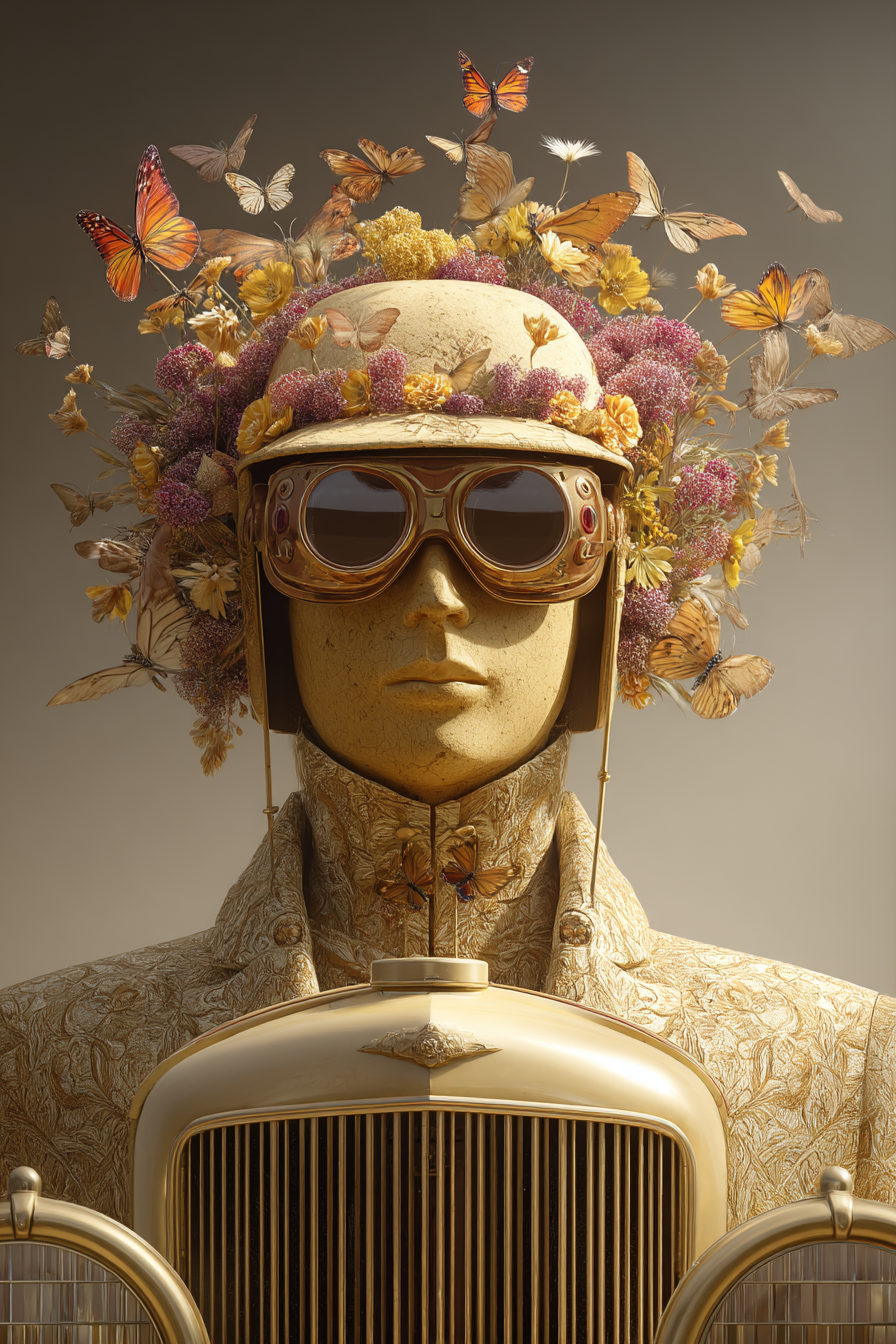 Stylisierte Figur Mit Blumen Und Schmetterlingen Vor Klassischem Auto | Digital Art | Kunstgattungen