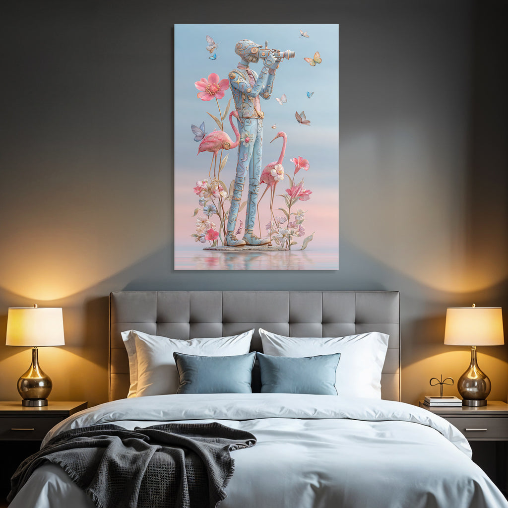 Stylisierte Figura Mit Kamera Umgeben Von Blumen Butterflies Und Flamingos