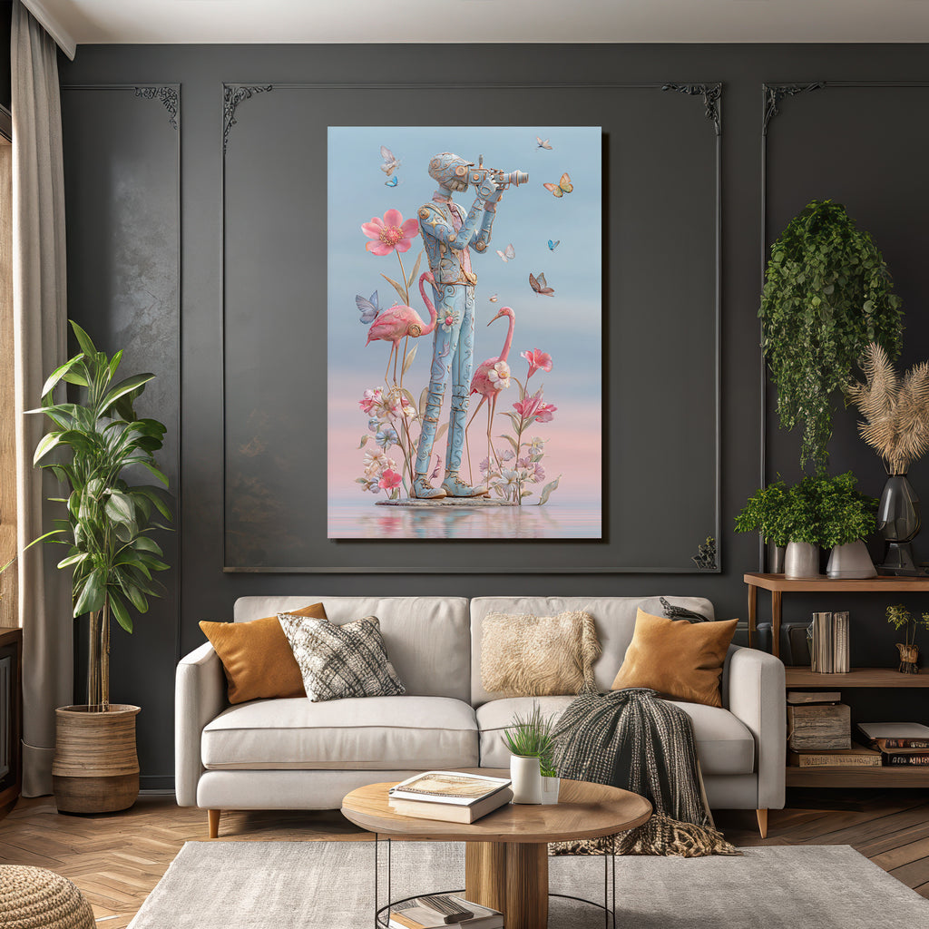 Stylisierte Figura Mit Kamera Umgeben Von Blumen Butterflies Und Flamingos