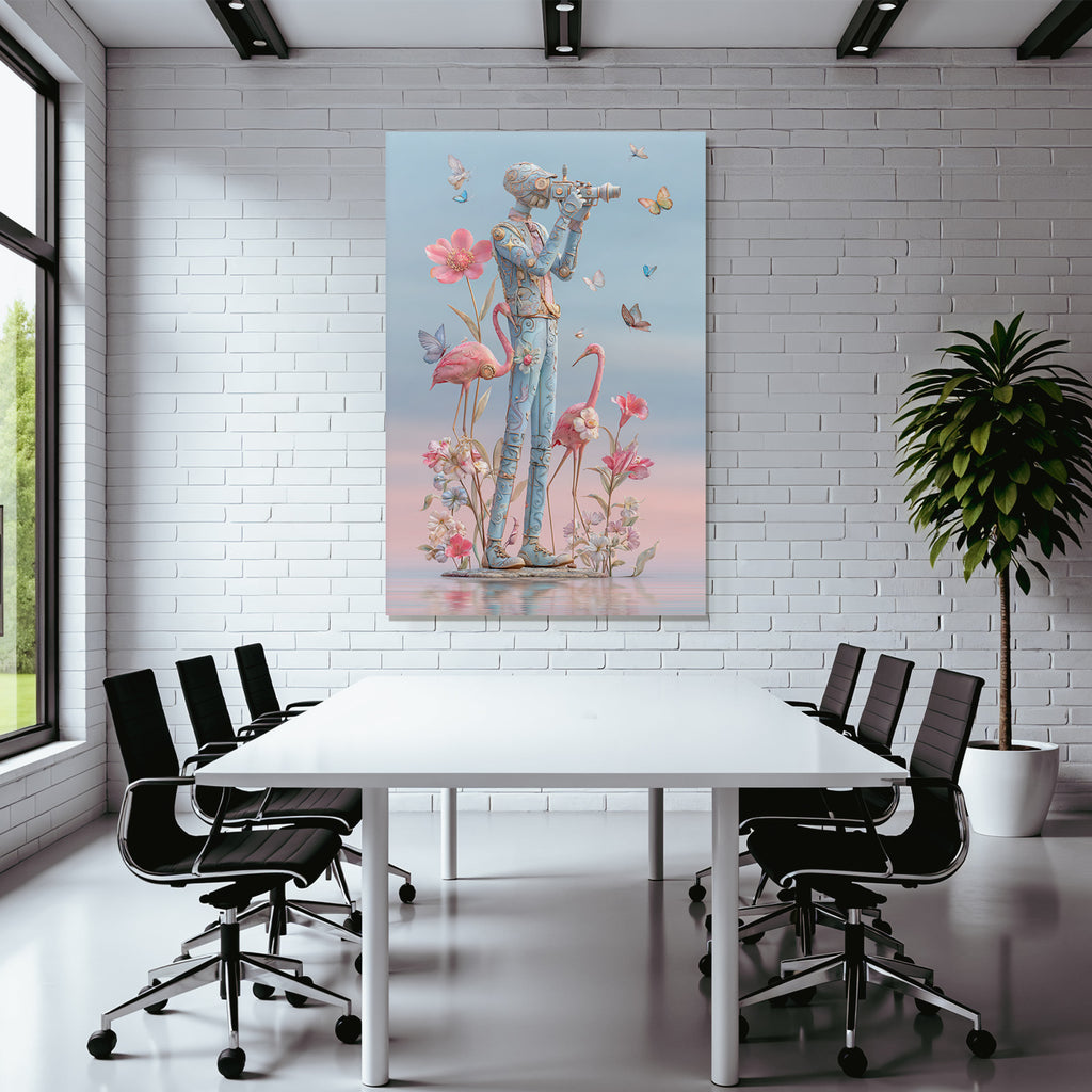 Stylisierte Figura Mit Kamera Umgeben Von Blumen Butterflies Und Flamingos