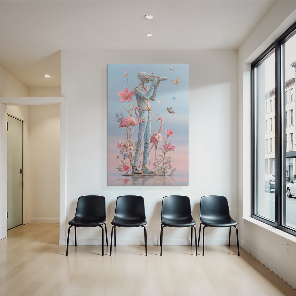 Stylisierte Figura Mit Kamera Umgeben Von Blumen Butterflies Und Flamingos