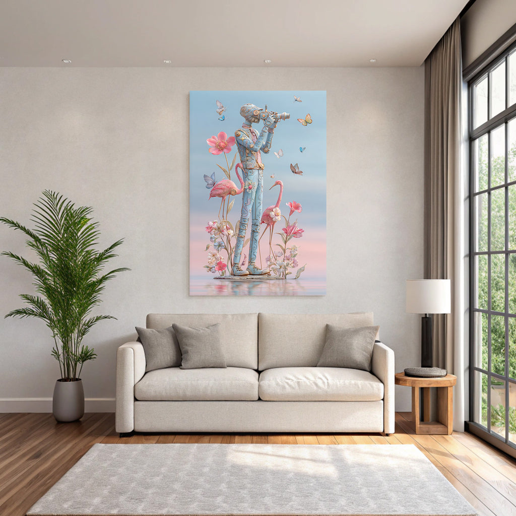 Stylisierte Figura Mit Kamera Umgeben Von Blumen Butterflies Und Flamingos