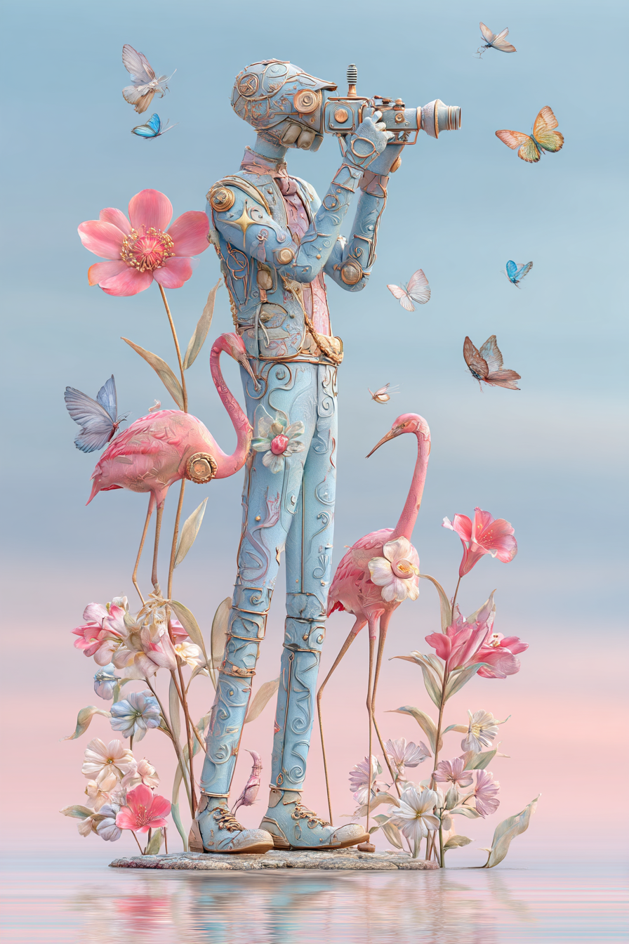 Stylisierte Figura Mit Kamera Umgeben Von Blumen Butterflies Und Flamingos | Digital Art | Kunstgattungen
