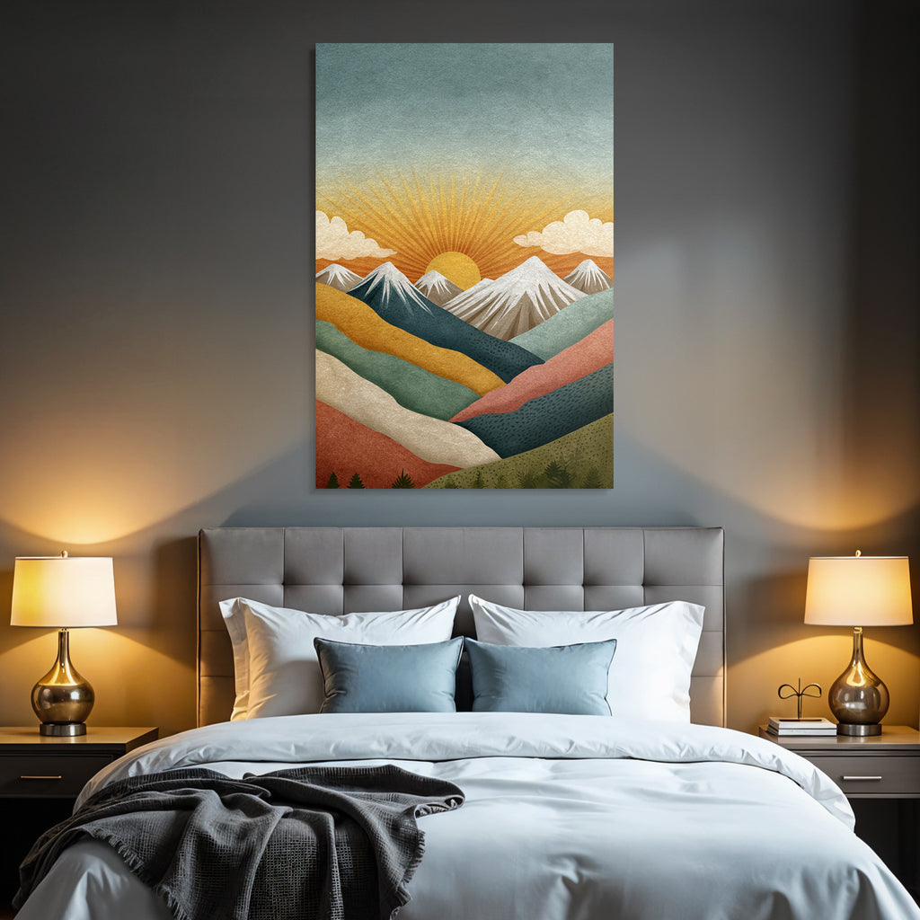 Stylisierte Landschaft Mit Bergen Und Sonnenaufgang