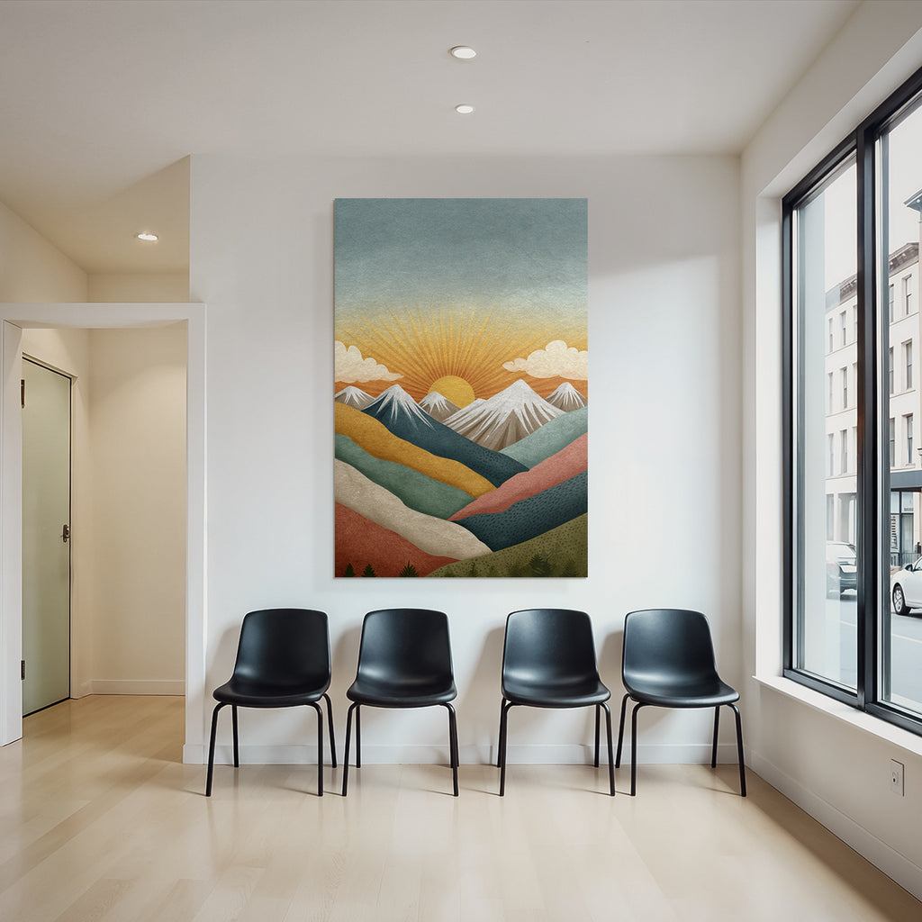 Stylisierte Landschaft Mit Bergen Und Sonnenaufgang