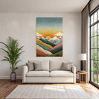 Stylisierte Landschaft Mit Bergen Und Sonnenaufgang