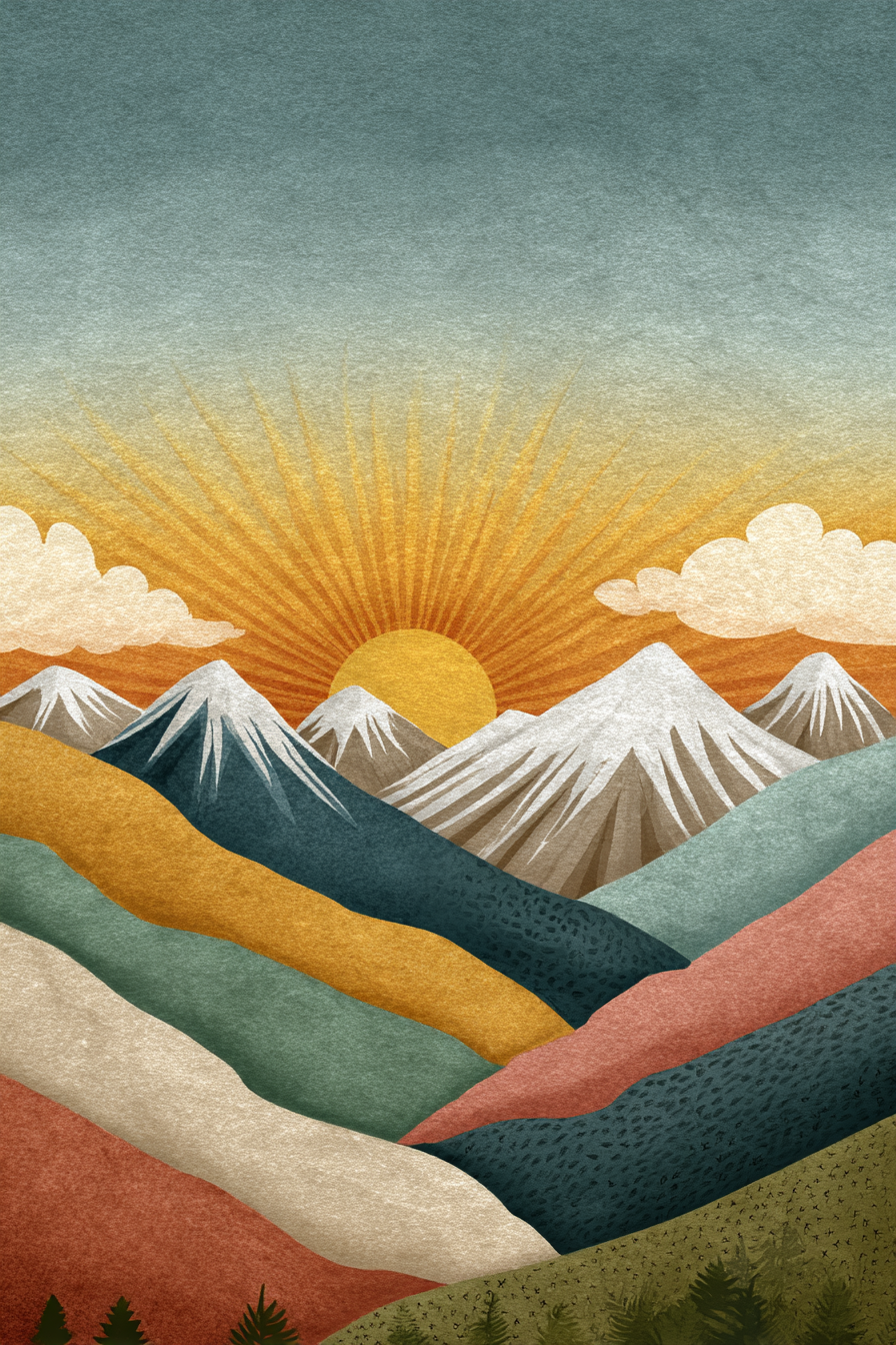 Stylisierte Landschaft Mit Bergen Und Sonnenaufgang | Digital Art | Kunstgattungen