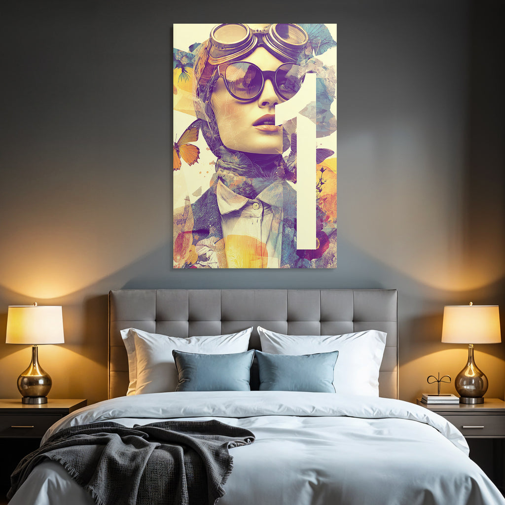 Stylisierte Portarit Mit Brille Schal Blumen Elementen Und Butterfliessen