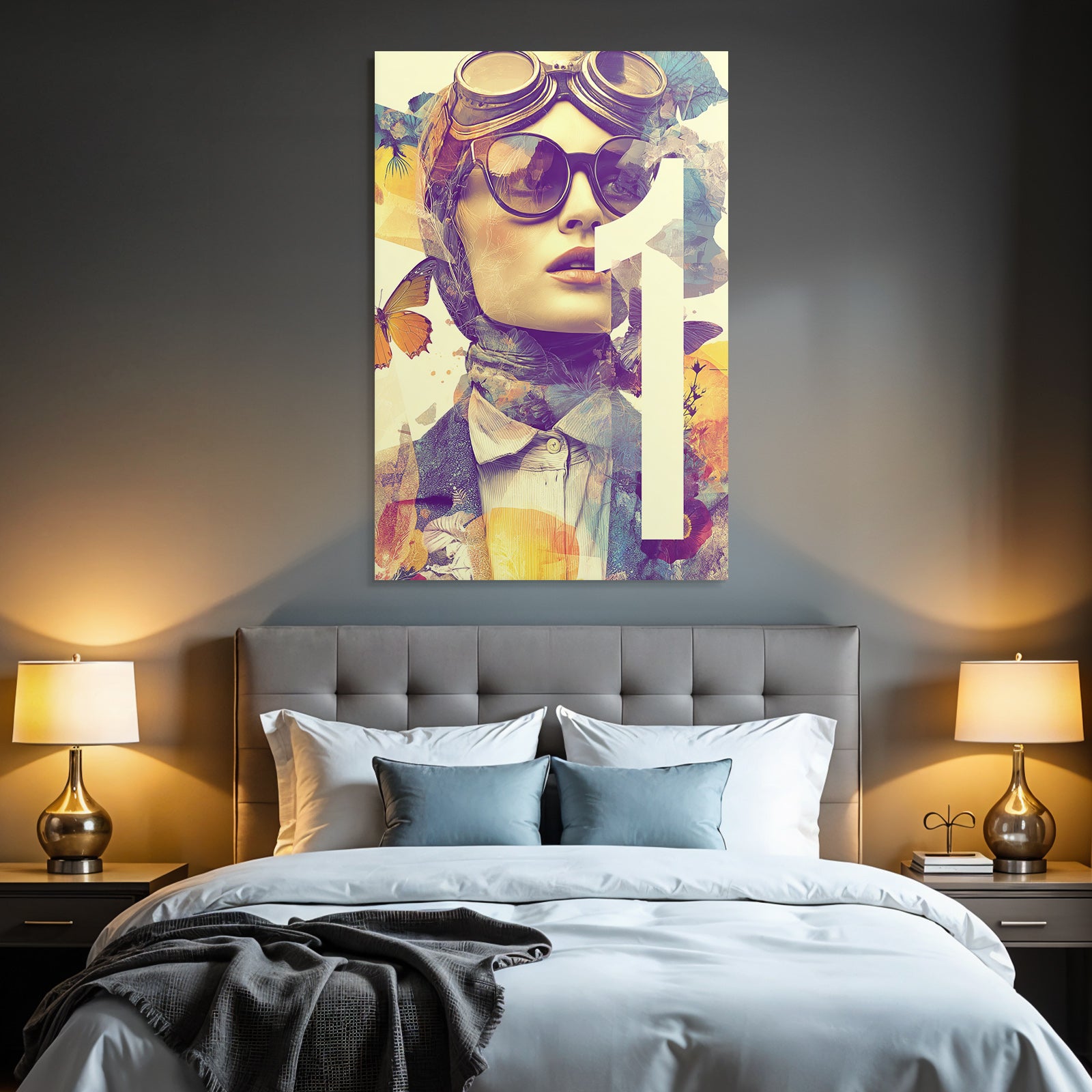 Stylisierte Portarit Mit Brille Schal Blumen Elementen Und Butterfliessen