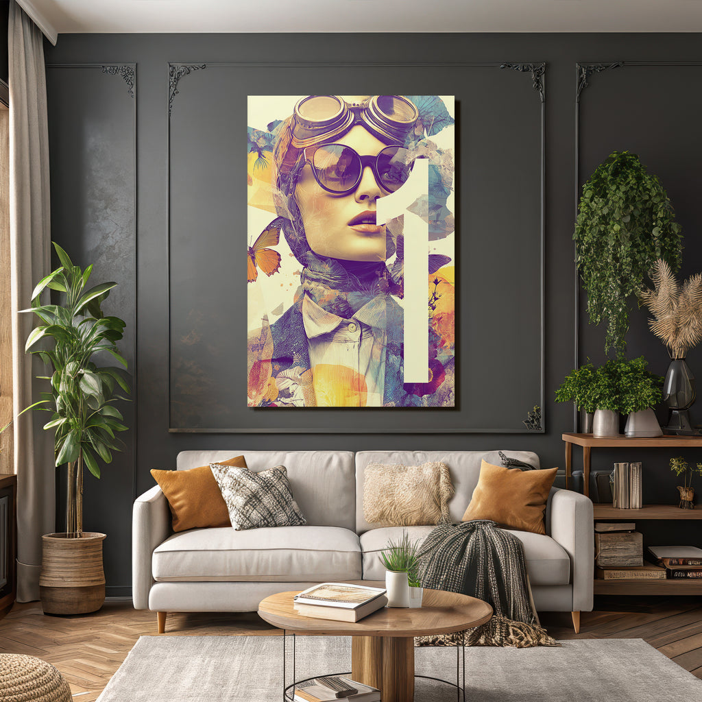Stylisierte Portarit Mit Brille Schal Blumen Elementen Und Butterfliessen